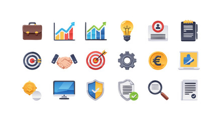 A collection of business and finance icons representing growth, success, security, and ideas for presentations, websites, and digital content