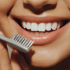 Young woman smiling while brushing teeth in bathroom  beautiful smile straight teeth