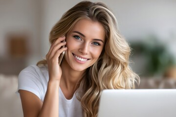 Fototapeta premium Smiling woman talking on phone and working from home