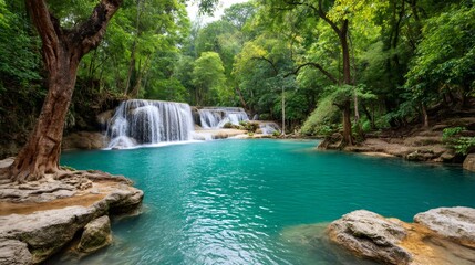 Naklejka premium Erawan waterfall flowing into a turquoise pond in tropical forest