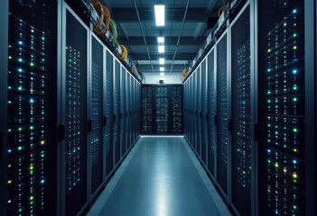 Fototapeta premium Data center corridor with illuminated server racks and cool blue lighting