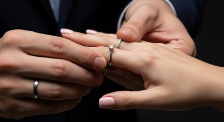 Wedding ceremony moment with man placing engagement ring on woman's finger. Close-up of hands showcasing intricate rings during romantic exchange.