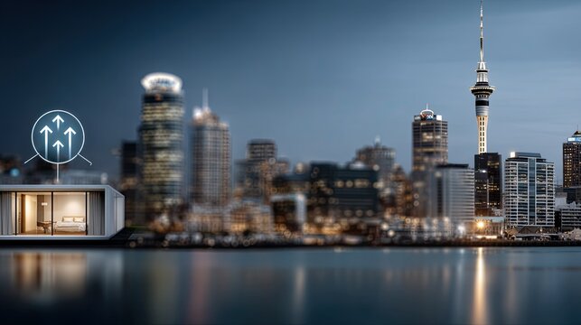 High vantage point reveals a sprawling city skyline with digital overlays, showcasing urban architecture under a clear sky