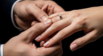 Romantic wedding ring exchange between couple showing love and commitment with engagement ring. Close-up image captures moment of tenderness and connection during wedding ceremony.
