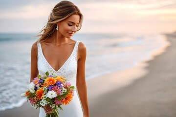 Bride celebrating beach wedding at golden hour sunset