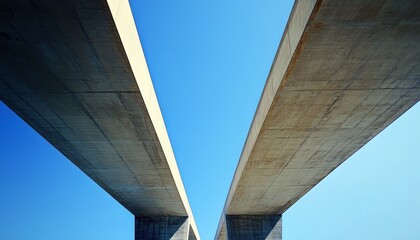 The image shows the underside of a large concrete bridge, showcasing its beams and supports against a vibrant blue sky.