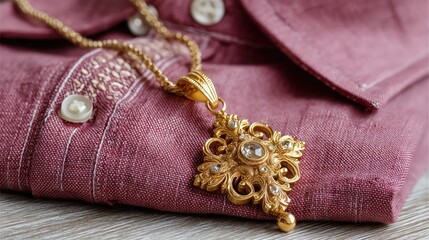 Fototapeta premium A beautifully embroidered linen cloth showcases a stunning cross pendant, set against a tranquil background of lush greenery