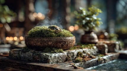 Tranquil miniature landscape with moss, stone and calming water flow