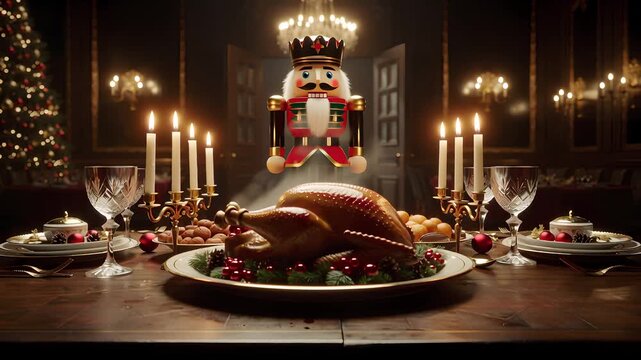 Festive Christmas dinner with roasted turkey and nutcracker, creating a warm and joyful holiday celebration atmosphere for family gatherings