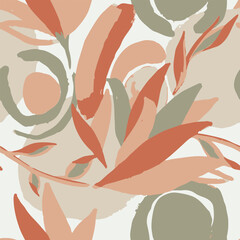 Modern abstract foliage seamless pattern. organic leaf shapes and brushstroke textures in earthy terracotta, beige, and sage tones. textile prints, wallpaper, packaging, contemporary surface design