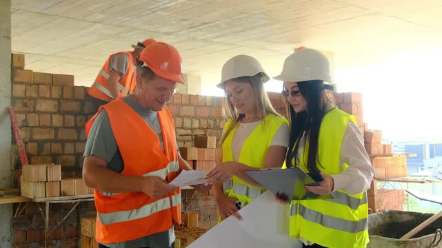 Managers talk to construction workers discussing documents. Engineers and workers study papers standing against brick wall at construction site