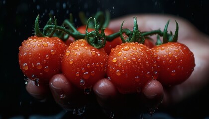 A person's hand holds a cluster of five red cherry tomatoes, still attached to the vine, and glistening from the water droplets on their surface.