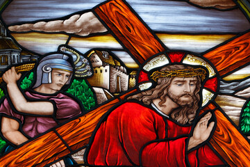 Obraz premium Stained glass. Passion of Christ. Jesus carrying the cross... Church of Fatima. Ho Chi Minh city. Vietnam.