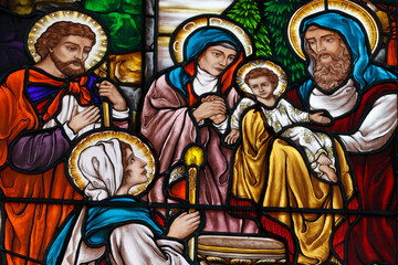Fototapeta premium Stained glass. The Presentation of Jesus at the Temple. Church of Fatima. Ho Chi Minh city. Vietnam.