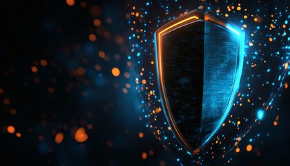 A digital shield with glowing blue and orange accents protects data; the background features bokeh effects and particles.