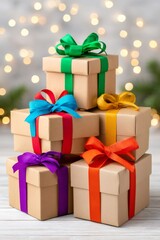 Obraz premium Stacking colorful gift boxes with festive lights bokeh
