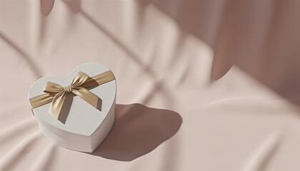 White heart-shaped gift box with gold ribbon on soft pink fabric, Valentine's Day, space for text  