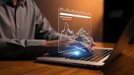 Project management and timeline planning concept. Woman using laptop with Gantt chart showing weekly task tracking, representing workflow organization, scheduling, productivity and goal achievement.