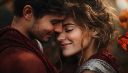 A man and woman stand close together, their foreheads touching, smiling gently at each other in an outdoor setting with fall foliage.