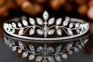 Obraz premium Elegant diamond tiara with leaf motif reflecting on dark surface