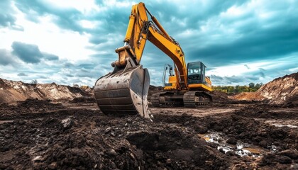 A yellow excavator with a large bucket is digging into dark brown soil on a cloudy day at a construction site, piles of dirt are visible in the background.