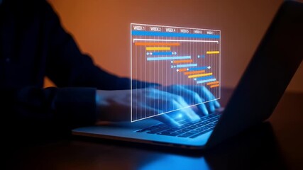 Project management and timeline planning concept. Woman using laptop with Gantt chart showing weekly task tracking, representing workflow organization, scheduling, productivity and goal achievement.