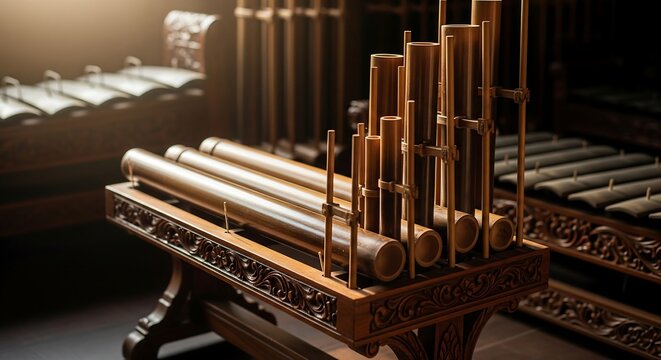 Traditional Bamboo Angklung Display Polished Tubes Warm Lighting