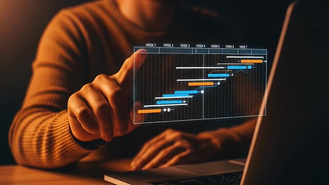 Project management and timeline planning concept. Woman using laptop with Gantt chart showing weekly task tracking, representing workflow organization, scheduling, productivity and goal achievement.