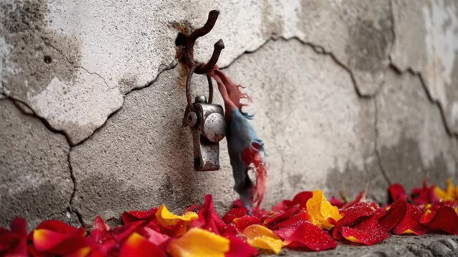 An antique padlock and a small, handmade toy bird adorned with colorful ribbons hang from a hook on a textured wall, surrounded by a carpet of fallen rose petals