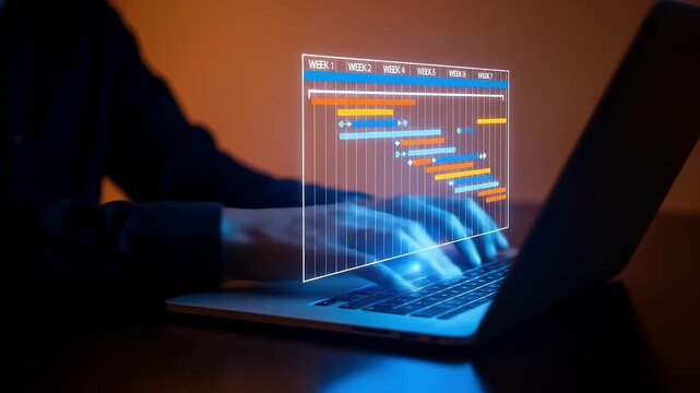 Project management and timeline planning concept. Woman using laptop with Gantt chart showing weekly task tracking, representing workflow organization, scheduling, productivity and goal achievement.