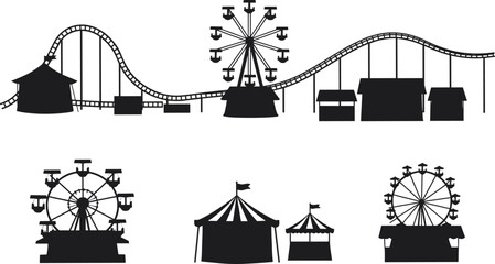 Amusement park and carnival silhouette illustration, ferris wheel and roller coaster vector design, circus tent and fairground ride black and white entertainment background art