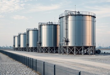 Row of large industrial silos stand along a fenced paved area under a clear sky