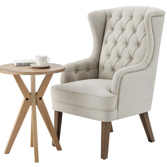 Luxurious Beige Tufted Wingback Armchair with Stud Trim and Wooden Side Table Set Isolated 3D Render on transparent background