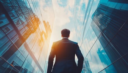 A man in a business suit stands with his hands in his pockets, looking upward between two tall glass buildings reflecting the sky and clouds.