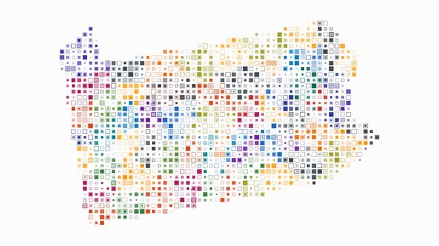 Pennsylvania animation. Shape of the state with pulsating colored dots. Small size square blocks. Digital style map on white background. Abstract video.