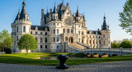 Fototapeta premium Magnificent French Chateau Facade Bathed in Golden Sunlight