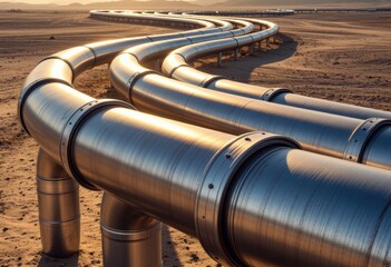 Shiny stainless steel pipelines loop across desert landscape