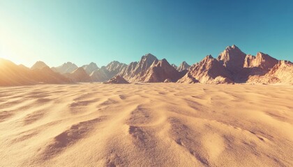Fototapeta premium The illustration shows a vast, sandy desert stretching towards a range of rugged, rocky mountains under a bright, clear sky.