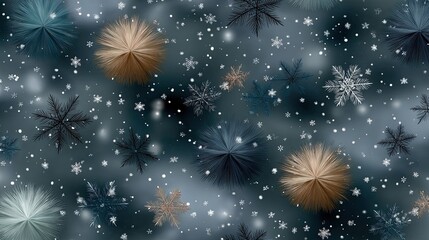 A beautiful winter landscape features fluffy snow-covered trees and delicate snowflakes falling gently, evoking a serene atmosphere