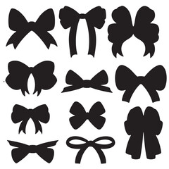A vector illustration set of colorful butterfly bow ties, ribbons, and black silhouettes for gift decoration, holiday, and birthday design elements