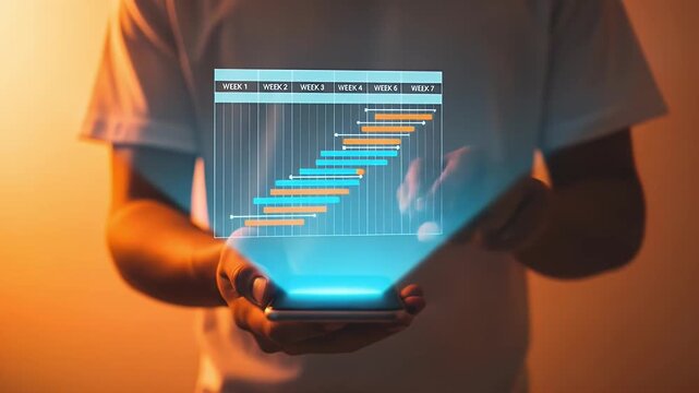 Project management and timeline planning concept. Woman using laptop with Gantt chart showing weekly task tracking, representing workflow organization, scheduling, productivity and goal achievement.
