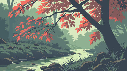 Autumnal Forest Scene Stream and Trees.