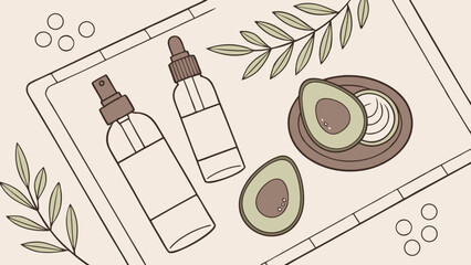 Avocado and Cosmetic Product Illustration Botanical Elements.