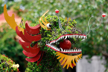 Truc Lam Chanh Giac Zen Monastery. Boxwood dragon at the entrance to the temple. Cai Lay. Vietnam.