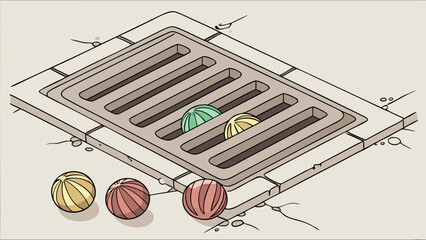 Balls near a drain illustration of a cartoon-like graphic.