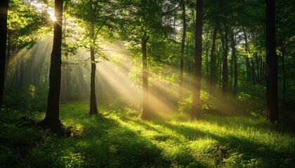 Fototapeta premium Sunlight streams through the trees of a lush forest, illuminating a clearing with a layer of morning mist and green vegetation.