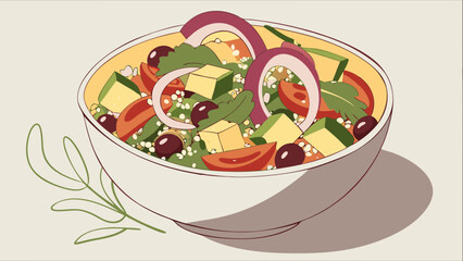 Bowl of colorful and healthy vegetarian salad illustration.