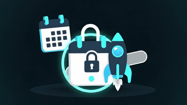 Change Management: Freeze Active with a snowflake coin dropping between calendar and rocket, a translucent bar overlaying launch, and a halo lock forming�deployment safely paused.