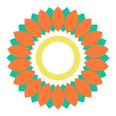 Simple abstract floral design with orange and green petals and a yellow circle center on a white background, inspired by minimal nature pattern.