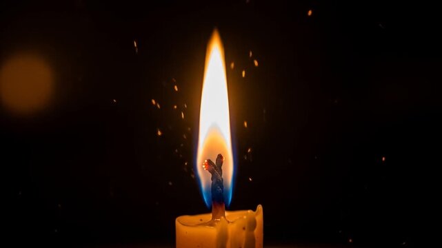 A lit candle flame burns brightly against a dark background.